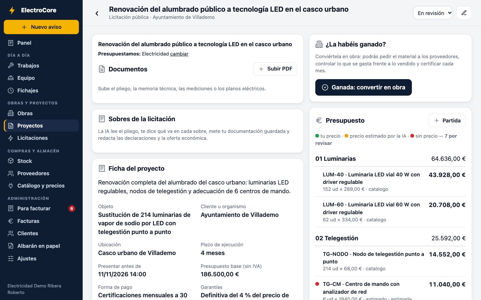 Estudio de una licitación con la ficha del pliego y el presupuesto