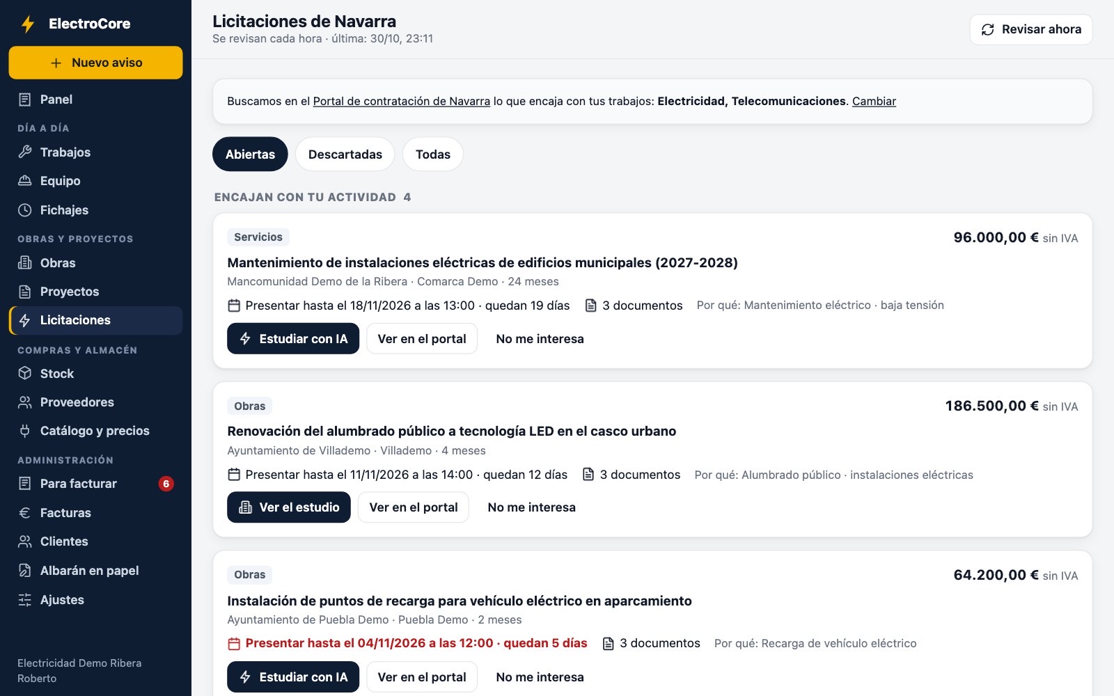 Licitaciones de Navarra que encajan con la actividad de la empresa