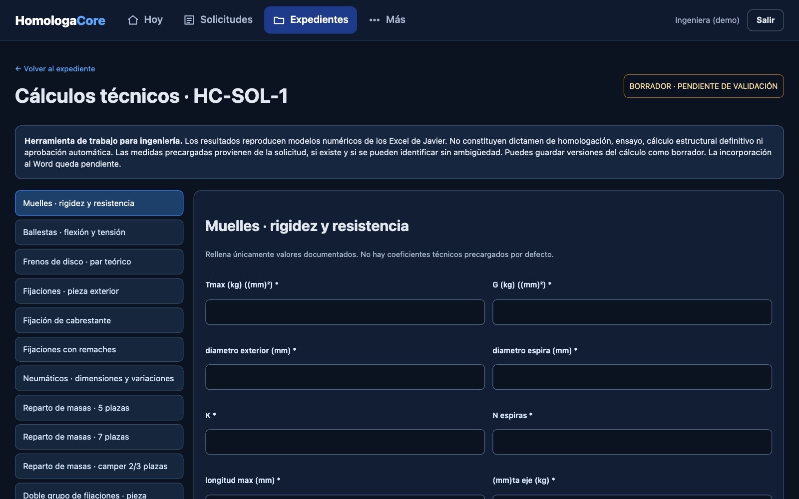 Cálculos técnicos por expediente
