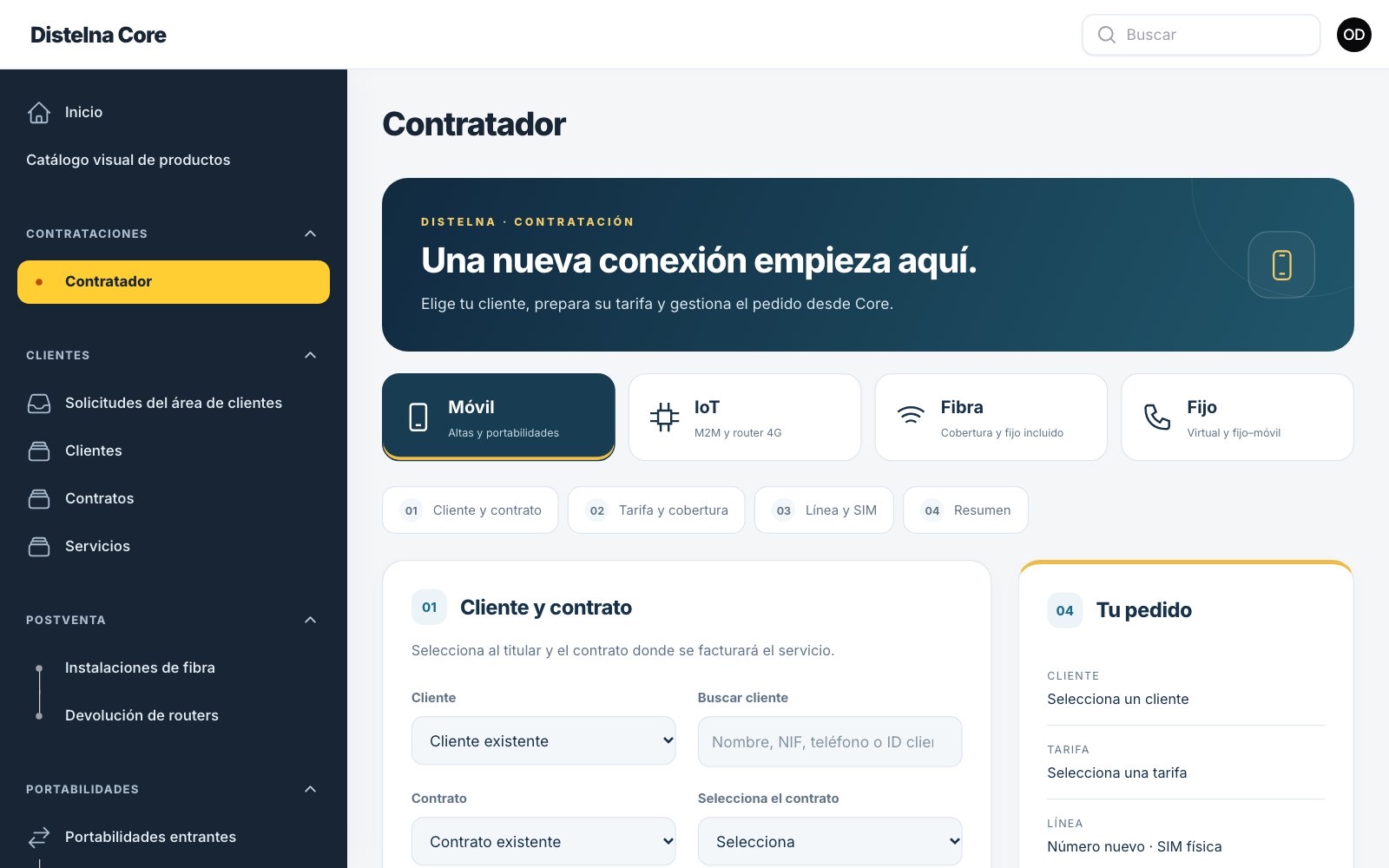 Contratador de TelecomCore: cliente, tarifa, línea y resumen