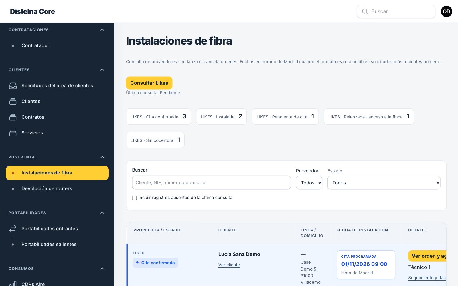 Instalaciones de fibra con su estado en el mayorista y la cita