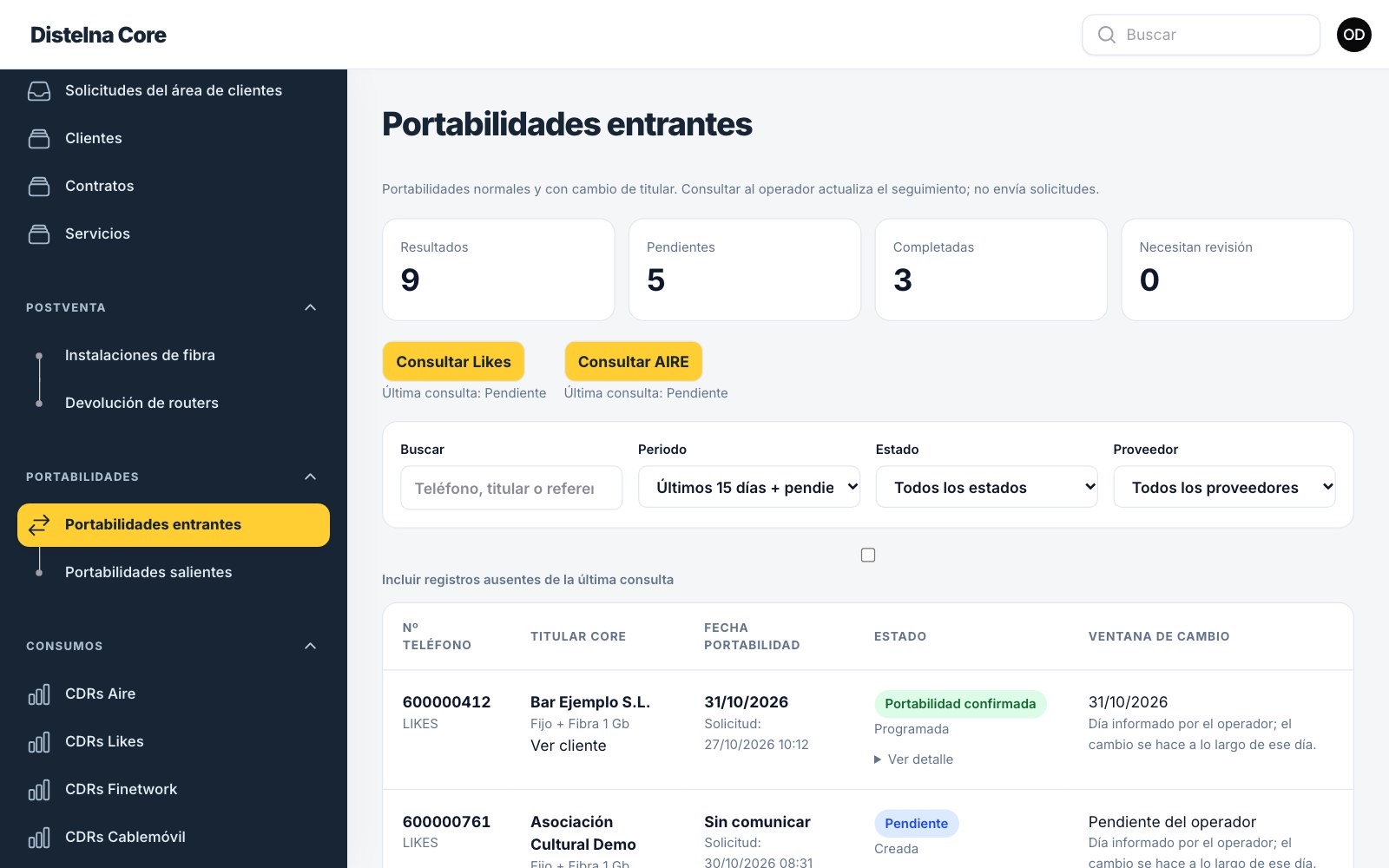 Portabilidades entrantes en TelecomCore con su estado en el operador y la ventana de cambio